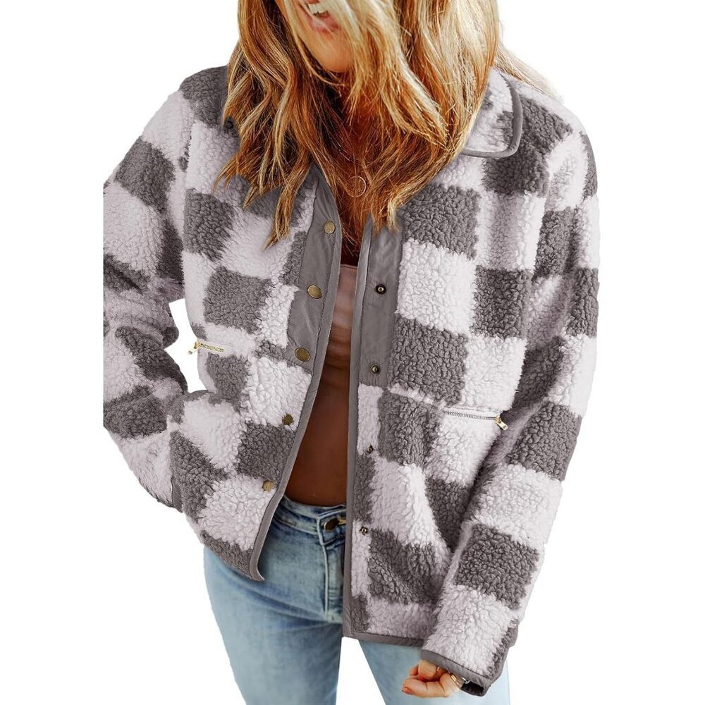 Women Sherpa Fall Jacket Plaid Casual Warm Loose Button Down Coats
